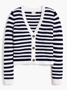 J.Crew Factory Striped Knit V-Neck Cardigan Sweater White Navy Button Front M